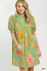 Umgee Botanical Print Dress with Smocked Cuffs