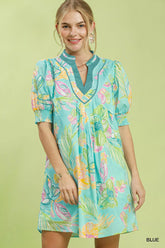 Umgee Botanical Print Dress with Smocked Cuffs