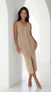 Nela Button Front Ribbed Knit Midi Dress - Beige