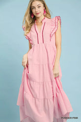 Umgee Seersucker Ruffle Sleeve Tiered Midi Dress