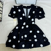 Printed Deep-V Polka-Dot A-Line Dress