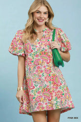Umgee Paisley Floral Puff Sleeve Shift Dress