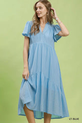 Umgee Textured Tiered Midi Dress with Side Pockets
