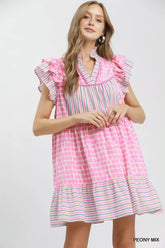Umgee Mix Patchwork Flutter Sleeve Tiered Dress