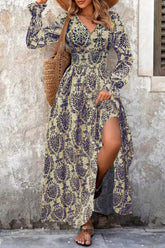Printed V-Neck Long Sleeve Maxi Dress
