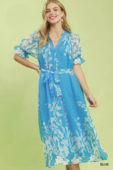 Umgee Floral Print Tie Waist Midi Dress with Side Pockets