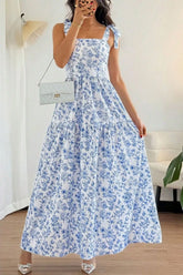 Floral Print Knot Straps High Waist Flared Maxi Dress