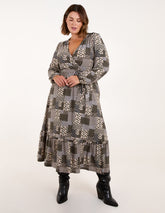 Curve Geometric Wrap Front Belted Midi Dress