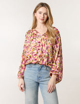 Printed V Neck Puffball Top