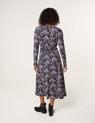 Floral V Neck Wrap Long Sleeve Midi Dress