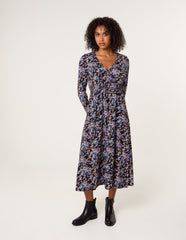 Floral V Neck Wrap Long Sleeve Midi Dress