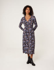 Floral V Neck Wrap Long Sleeve Midi Dress