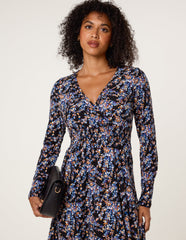 Floral V Neck Wrap Long Sleeve Midi Dress