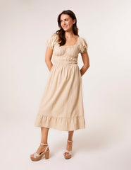 Puff Sleeve Shirred Panel Dress