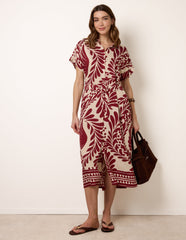 Tropical Leaf Print Belted Shirt Dress