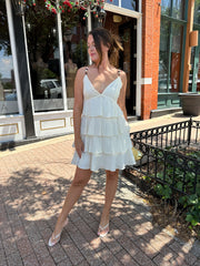 Emily Beige Beaded Tiered Ruffle Mini Dress