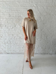 Erin Taupe Lace Hem T-Shirt Maxi Dress