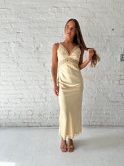 Bryn Butter Yellow Satin Lace Trim Maxi Dress