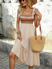 Joyful Retro Embroidered Midi Dress - apricot