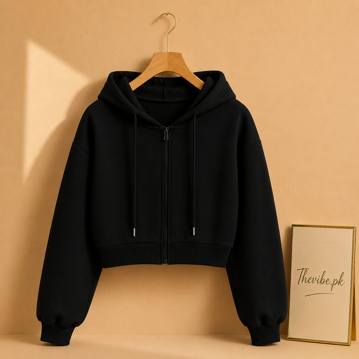 BASIC BLACK CROP ZIPPER HOOD
