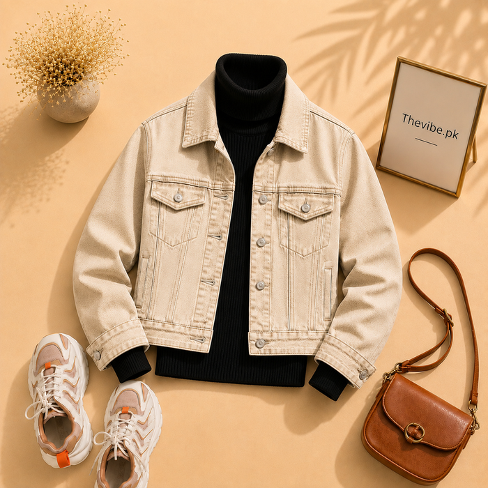 BEIGE DENIM JACKET WITH BLACK TURTLENECK