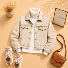 BEIGE DENIM JACKET WITH WHITE TURTLENECK