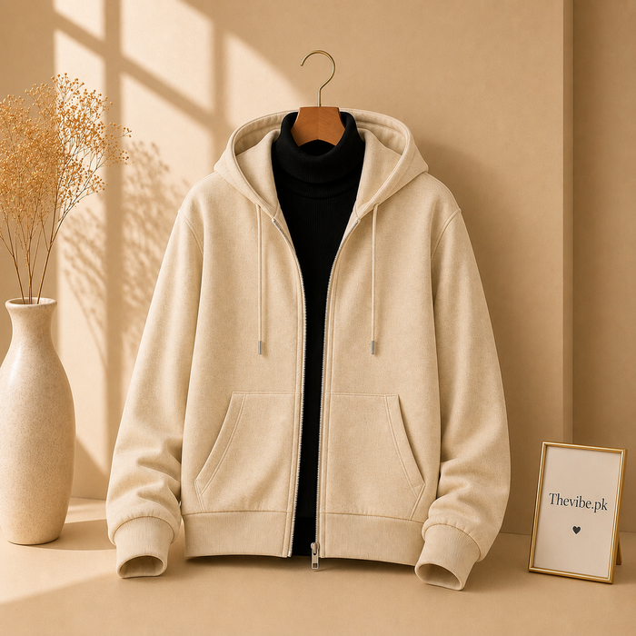 BEIGE ZIPPER HOODIE WITH BLACK HIGH NECK