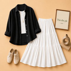 BLACK BUTTON DOWN SHIRT WITH WHITE TANK TOP AND 3TIER WHITE TWILL SKIRT