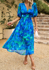 EUPHORIC MOOD FLORAL PRINTED MIDI DRESS - BLUE