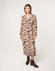 V Neck Shirred Border Print Midi Dress