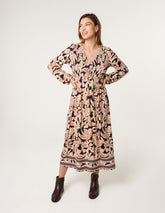 V Neck Shirred Border Print Midi Dress