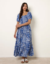 Large Floral Printed Square Neck Puff Sleeve Dress