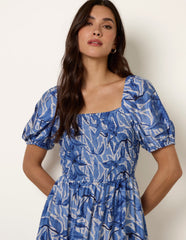Large Floral Printed Square Neck Puff Sleeve Dress