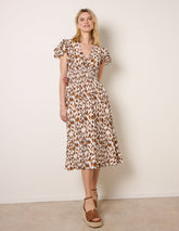 Printed V Neck Frill Sleeve Midi Dress