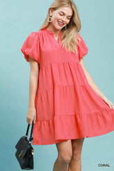Umgee Puff Sleeve Tiered Babydoll Dress
