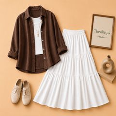 DARK BROWN BUTTON DOWN SHIRT WITH WHITE TANK TOP AND 3TIER WHITE TWILL SKIRT