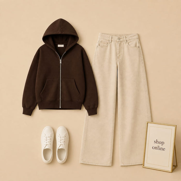DARK BROWN ZIP HOODIE WITH BEIGE WIDE LEG JEANS