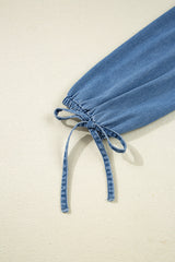 Dusk Blue Denim Lapel Neck Balloon Sleeve Tied Peplum Top
