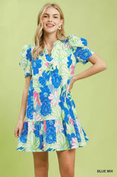 Umgee Floral Puff Sleeve Tiered Mini Dress