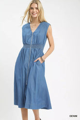Umgee Denim Sleeveless Zip-Front Smocked Waist Midi Dress