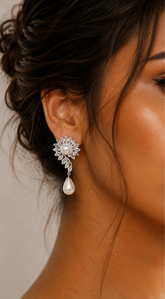Pearl Marquise Stone Around Evening Clip On Earrings - Silver