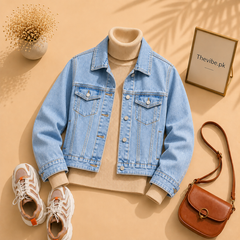 ICE BLUE DENIM JACKET WITH BEIGE TURTLENECK