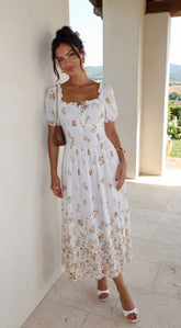 Lunaria Floral Midi Dress - Ivory White