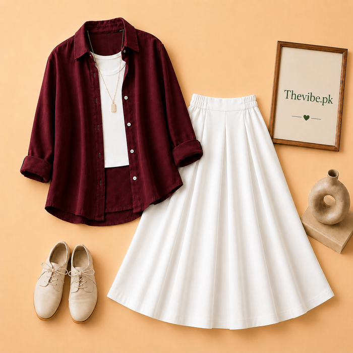 MAROON BUTTON DOWN SHIRT WITH WHITE TANKTOP AND WHITE TWILL SHIRT