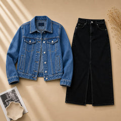 MID BLUE DENIM JACKET WITH BLACK DENIM SHIRT