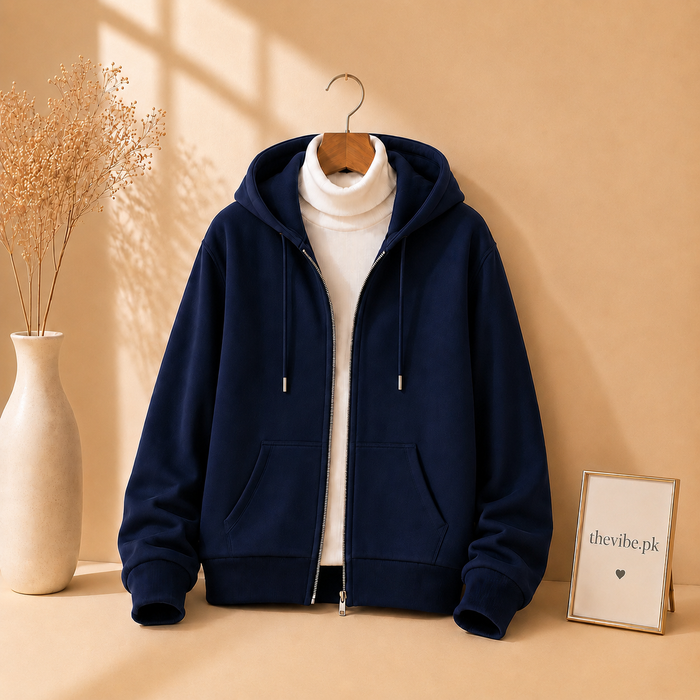 NAVY BLUE ZIPPER HOODIE WITH WHITE HIGH NECK