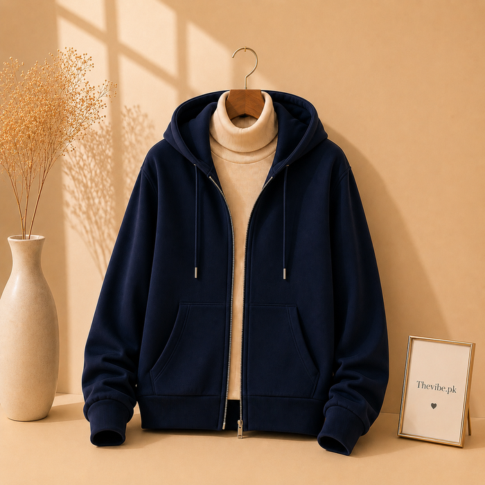 NAVY BLUE ZIPPER HOODIE WITH WHITE HIGH NECK