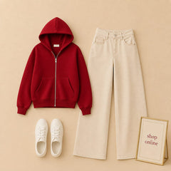 RED ZIP HOODIE WITH BEIGE WIDE LEG JEANS