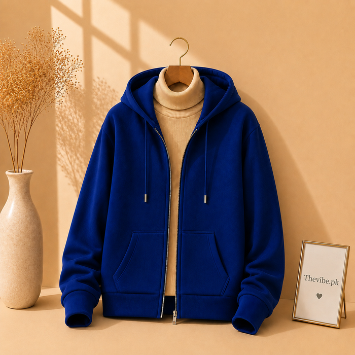 ROYAL BLUE ZIPPER HOODIE WITH BEIGE HIGH NECK