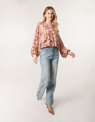 Printed V Neck Puffball Top